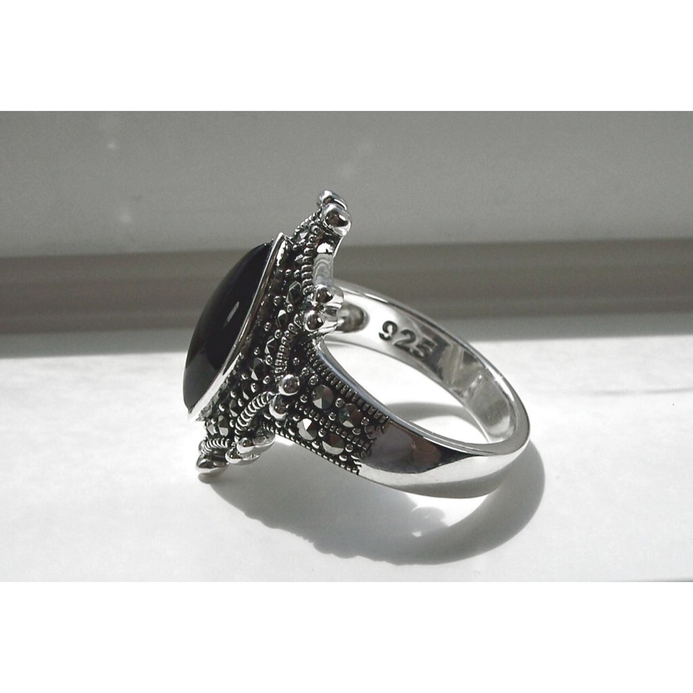 925 STERLING SILVER Marquise Black Onyx & Marcasite Ring - Picture 10 of 16
